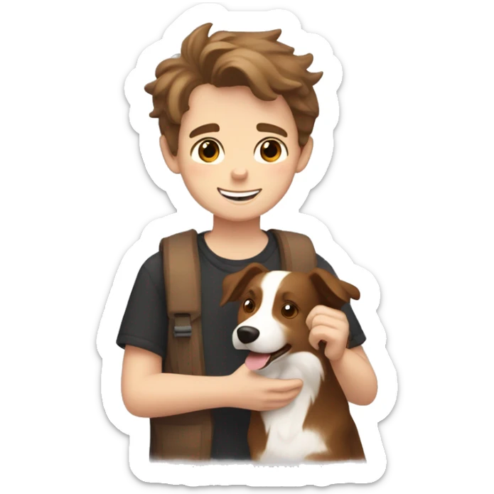 White boy with brown hair and stubble holding a light brown border collie with love hearts around them  sticker