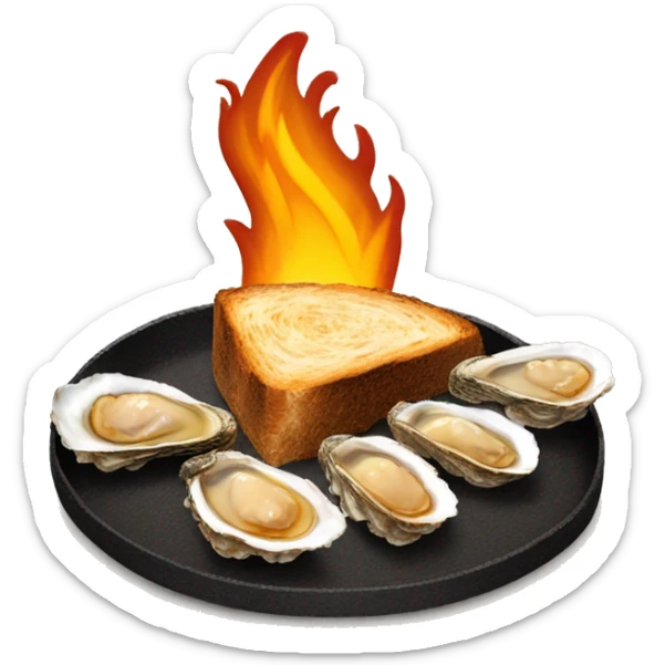 slice of black toasted bread with pan of oysters, fire turkey sticker