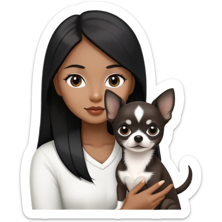 Thai woman with long straight black hair next to a small black and white Chihuahua puppy sticker
