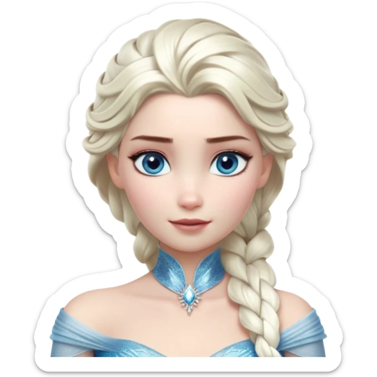 Cinematic Realistic Elsa Portrait, depicted with lifelike skin texture, soft natural lighting, and intricately detailed platinum blonde hair styled elegantly. Her striking, expressive blue eyes exude confidence and grace, complemented by a serene and regal expression. She is dressed in her signature icy attire, with shimmering fabric textures and delicate folds that catch the light beautifully. The portrait features a soft, enchanting glow with a cool, radiant finish, capturing the essence of timeless elegance in a realistic and painterly style, evoking a sense of depth and authenticity. sticker