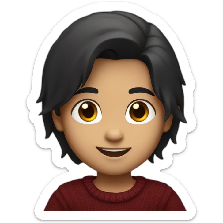 smiling and pointing 3 years old white skin indian with black hair wearing a dark red sweater sticker