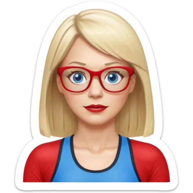 45 yr old white woman, pale skin, long straight blond hair parted in center, blue eyes, bangs, clothes for gym, big red glasses sticker