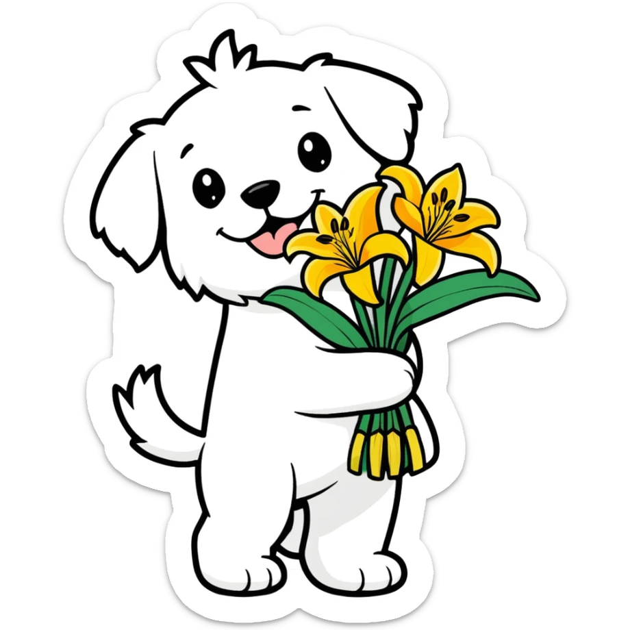 An illustration of a happy maltese dog carrying a bunch of yellow tiger lillies. sticker