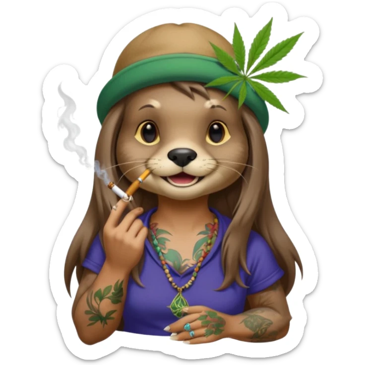 a female otter with long hair smoking a joint surrounded by marijuana fumes. a bit california hippy vibe, with tattoos and piercing sticker