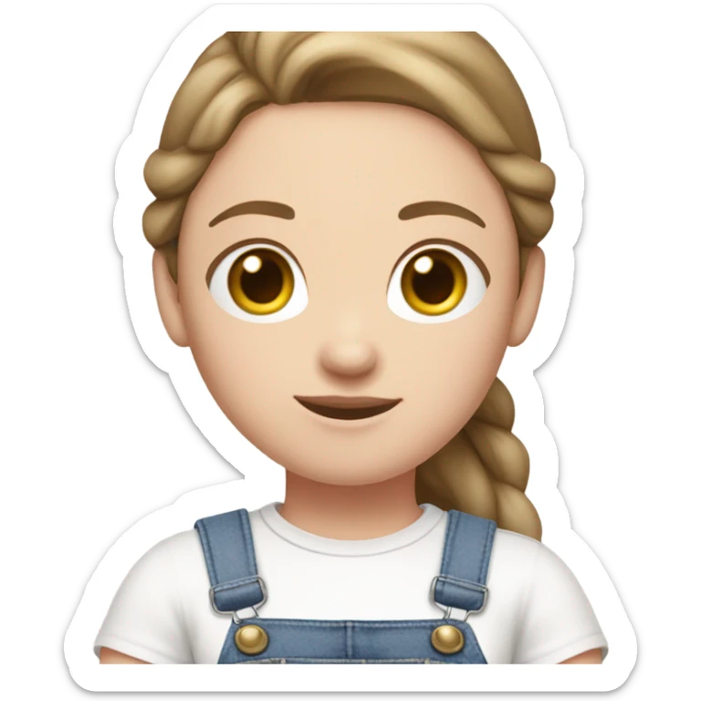 A pale skin white woman with brown hair in pony tail wearing white headband, pink t shirt and overalls  sticker