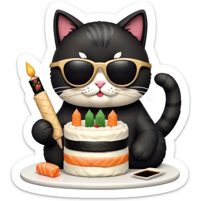 cool cat wearing sunglasses eating a birthday cake made out of sushi sticker