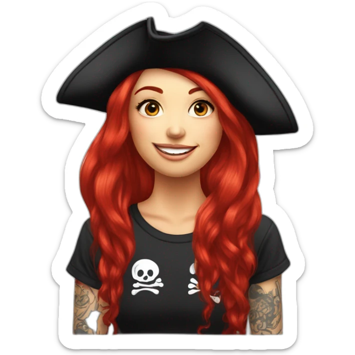 Woman long red hair hanging to one side in a platt, tattoo on side of head.  pirate hat. skull and crossbones t shirt sticker