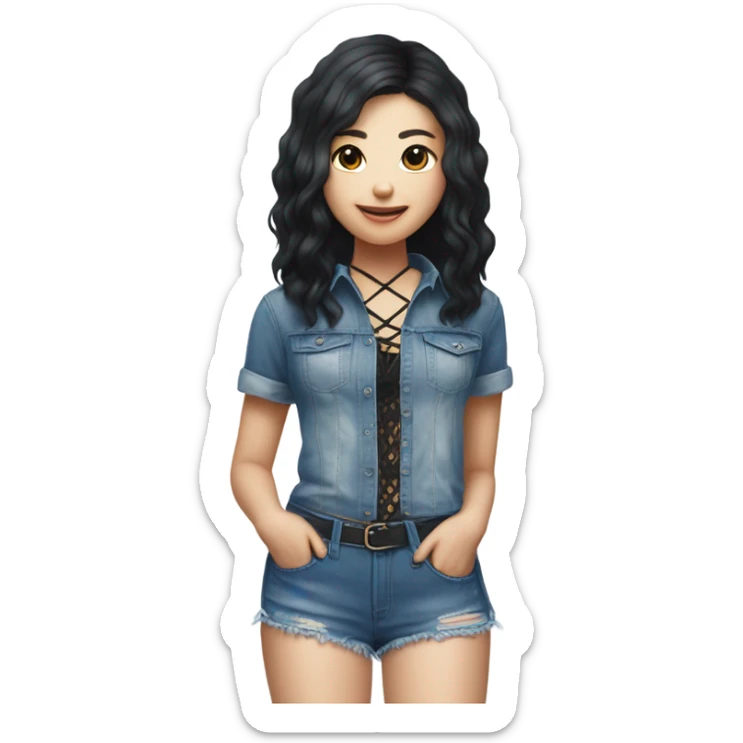 A South Korean girl with black and blue hair and Shakira lace up croc top and short jeans  sticker