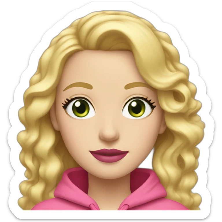  One white woman with wavy blond hair and long eyelashes and green eyes wearing pink lipstick and pink hoodie  sticker