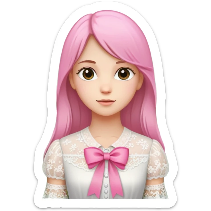  A girl with straight hair, a pink ribbon in her hair, and a white lace blouse, standing in a blooming garden. sticker
