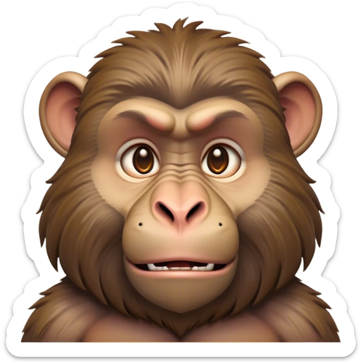Cinematic Noble Baboon Portrait Emoji, Poised and regal, with a robust, muscular build and a richly textured Fur of earthy browns, deep-set soulful eyes with a mischievous glint, Simplified yet sharp and sophisticated features, highly detailed, glowing with a warm, dignified glow, high shine, intelligent and bold, stylized with an air of untamed urban majesty, focused and attentive, soft glowing outline, capturing the essence of a watchful and confident primate, so majestic it feels as though it could stride out of the screen with effortless authority! sticker
