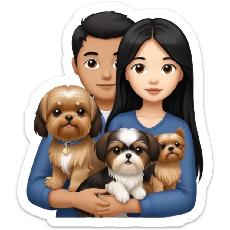 A beautiful Asian girl with long black hair is holding a Yorkshire Terrier. She is standing next to her brown skinned boyfriend, who is holding a Shih Tzu. They are each holding one dog each sticker