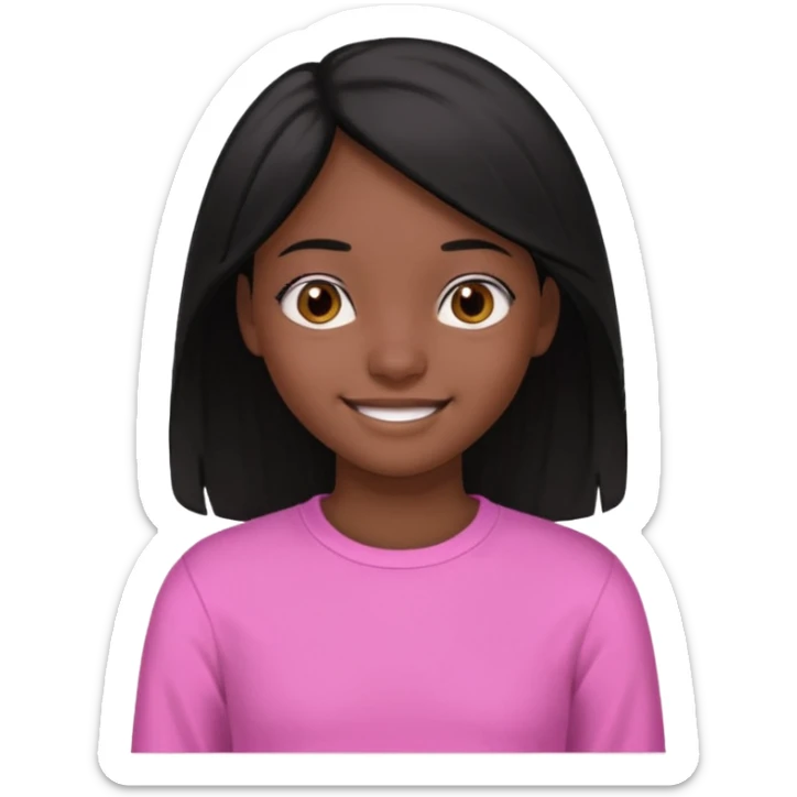 A portrait of a 14-year-old girl, he's got black hair, darkish skin and brown eyes. she's wearing a pink longsleeve. She's smiling a bit sticker