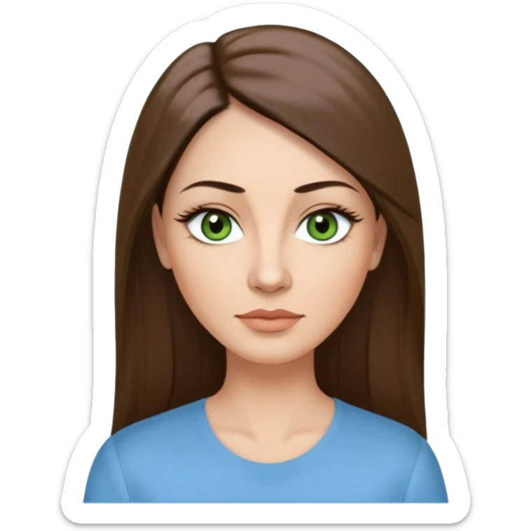43 year old Adult woman avatar, light skin tone, long, oval face, long straight ashy brown hair, green almond-shaped eyes with dramatic eyelashes and minimal eyeliner, neutral mouth, medium straight eyebrows, small nose, smooth skin, sky blue blouse sticker