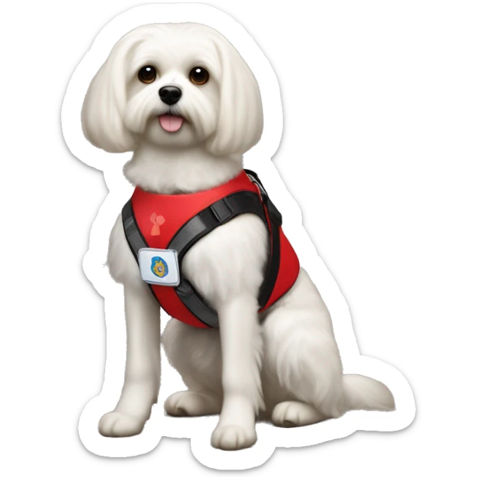 Maltese service dog wearing a red service dog vest with to bleck straps one in the front one around the belly  sticker