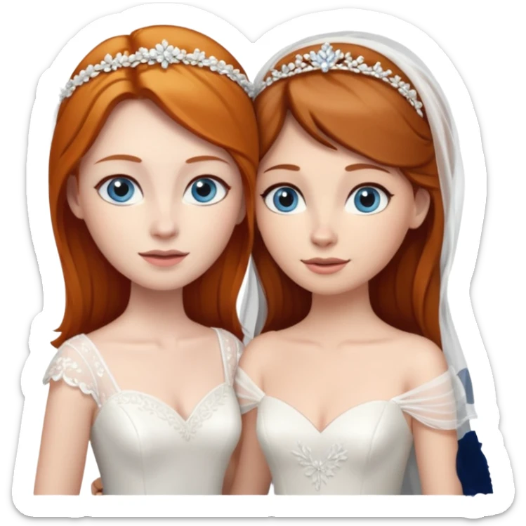 A ginger woman with blue eyes, marrying a taller woman with brown hair and hazel eyes, both in wedding dresses. sticker