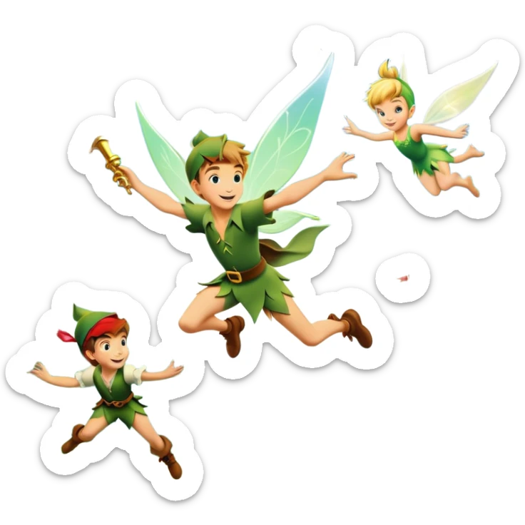 An icon representing an adventure game, inspired by whimsical fantasy. The design features Peter Pan soaring through the sky with Tinker Bell beside him, leaving a shimmering trail of pixie dust. Below, Neverland’s lush jungles and pirate ships create a backdrop of magic, adventure, and endless youth. Transparent background. sticker