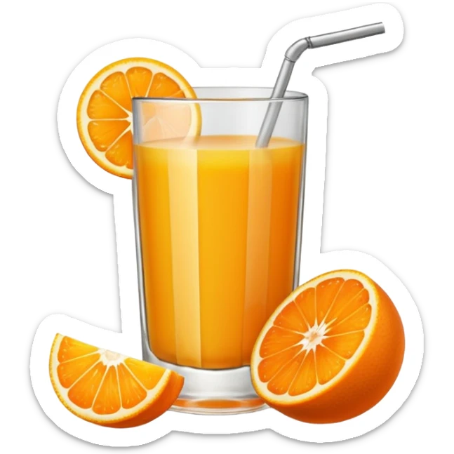A glas of orange juice with a slice of orange next to it sticker