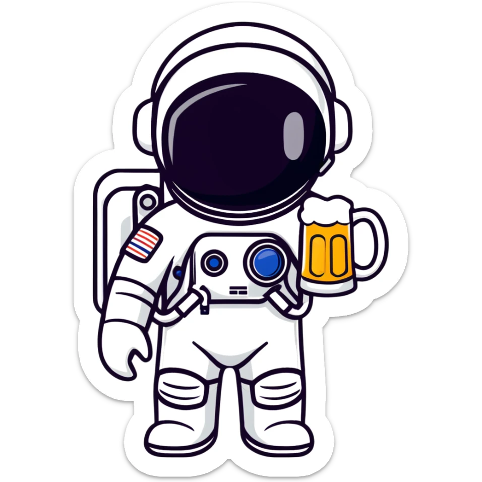 a full astronaut space suit with a pint of delicious beer inside it instead of a human, the glass of beer visible through the helmet sticker