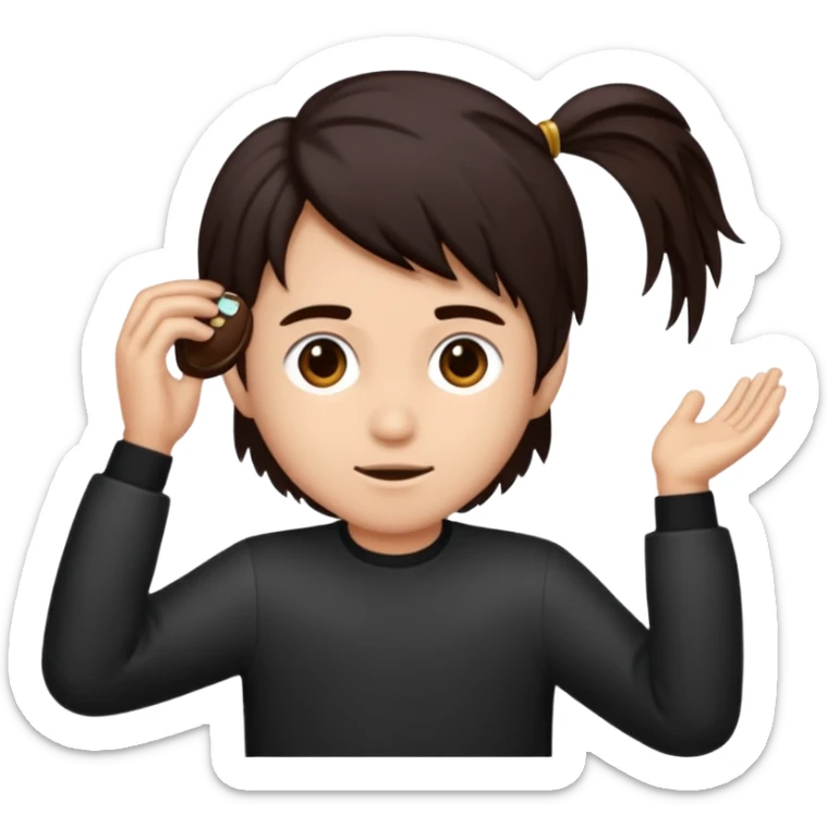 Emoji iPhone seorang pria dengan rambut hitam, dengan poni, mengenakan atasan jas berwarna coklat kehijauan , mata gelap  sticker