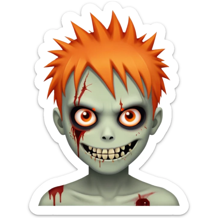 boy zombie with orange skin, orange spikey emo hair, black and red eyes, bloody smile, menacing sticker