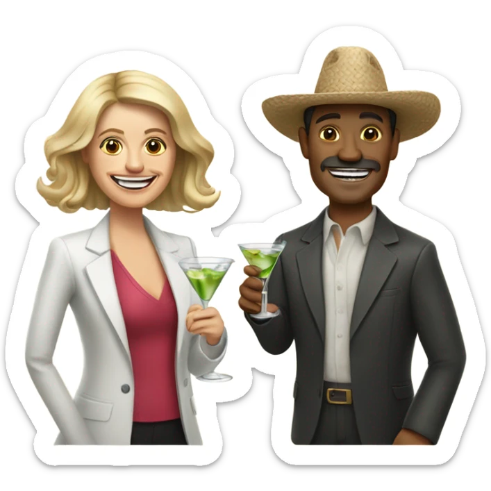 Mexican man and white woman holing a pill (medication) in one hand and a glass of martini in the other hand smiling and cheering sticker