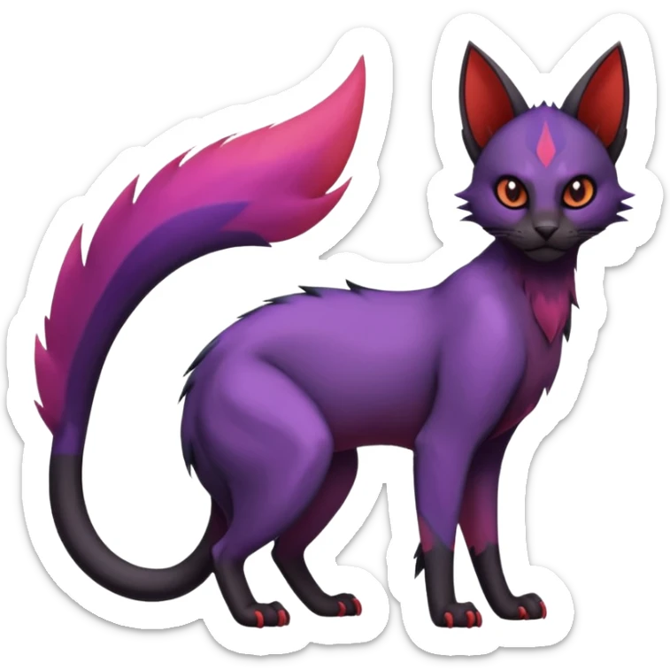 Black edgy Noibat-Purloin-Torracat-Lykoi-Caracal-cat-Fakemon-fusion-hybrid-creature with violet and red scale markings sticker