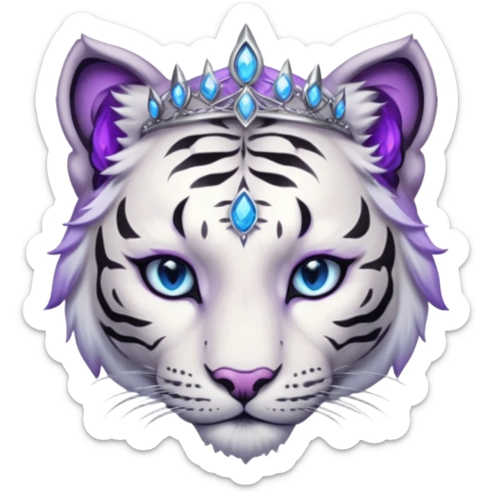 ESO Female white/black tiger khajiit leader of the umbral rose, glowing blue eyes, glowing blue 'third eye' gem; beautiful desined purple gemmed silver tiara sticker