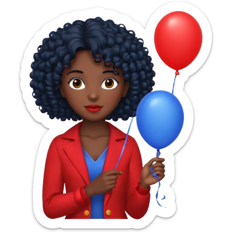 woman with curly black hair and dark face red costume, holding blue balloon sticker