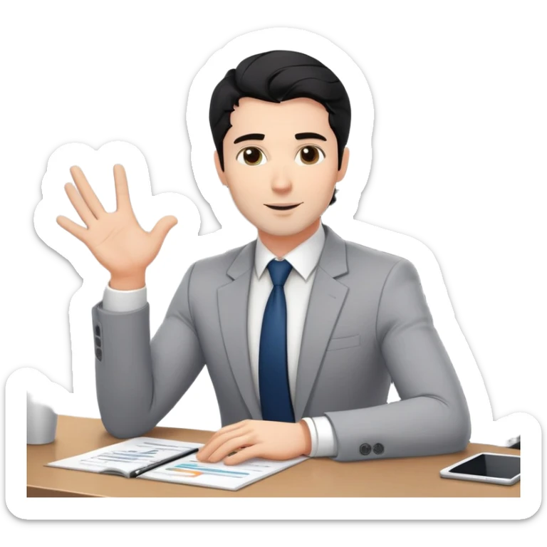 Professional 35-year-old business consultant with black wavy hair, stubble, strong jawline, white skin tone, wearing smart casual business attire, sitting at a table with clients, gesturing confidently while explaining a business strategy sticker