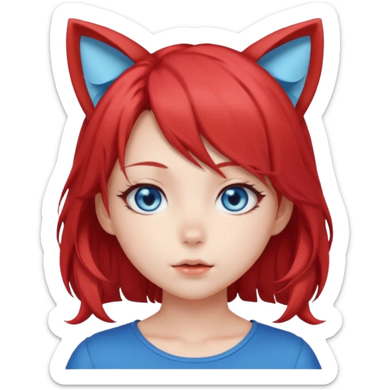 cute anime girl with cat ears, red blowing hair sticker
