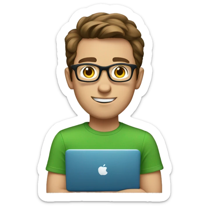 white young man with blue eyes and brown hair and square glasses wearing green t-shirt with laptop sticker