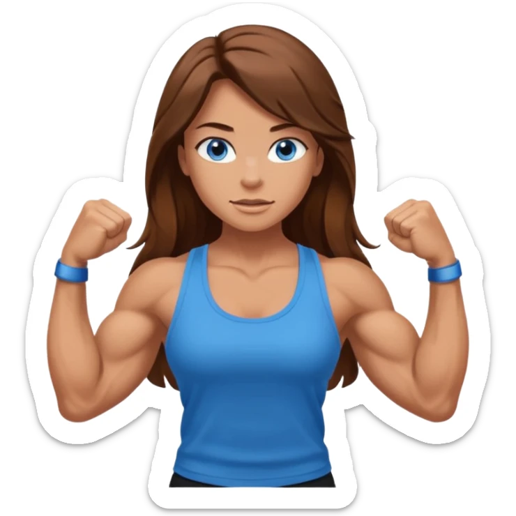 Girl with long brown hair, blue eyes and really muscular arms, flexing her muscles. Wearing a tank top sticker