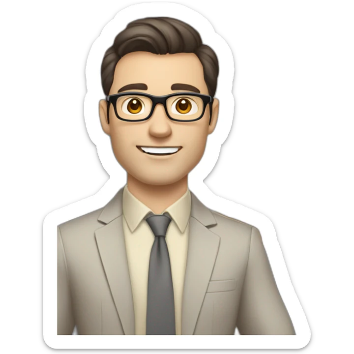 Pale skinned fit man with dark brown hair in gray jacket, beige office shirt, brown tie, brown pants and vintage glasses Writing text on a marker board sticker