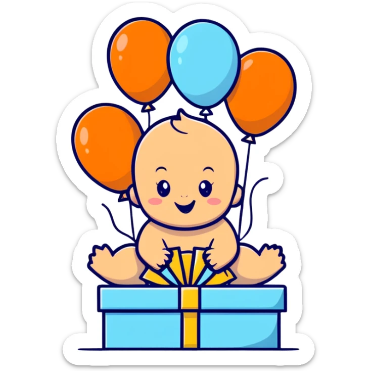 happy baby surrounded by pastel blue balloons and presents at birthday party sticker