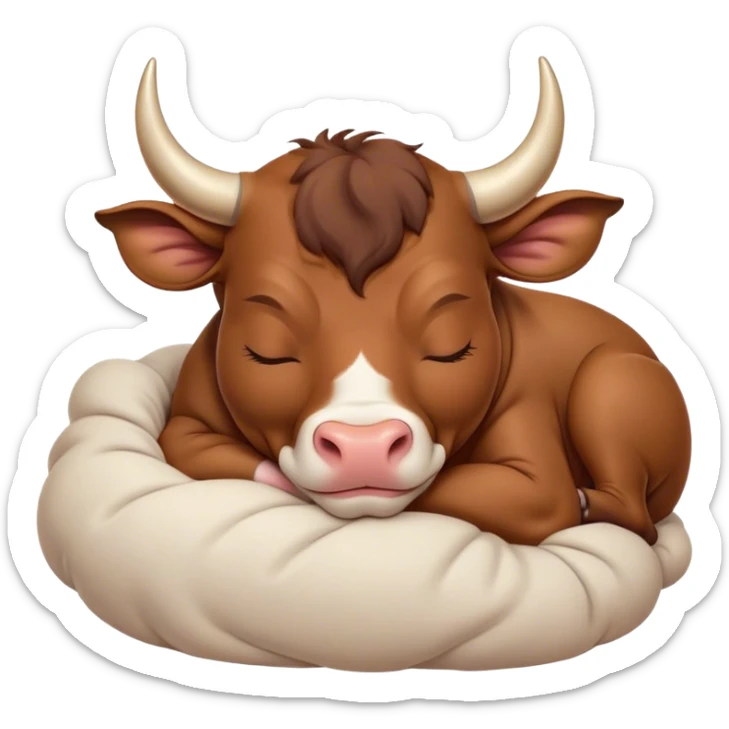 Meme-Worthy Cute Sleeping Domestic Bull Portrait Emoji, Head resting peacefully with a contented smile, showcasing a robust, muscular build and a luxuriously soft coat, eyes gently closed in serene, restful slumber, Simplified yet hilariously adorable features, highly detailed, glowing with a soft, drowsy natural light, high shine, relaxed and utterly lovable, stylized with an air of playful laziness, soft glowing outline, capturing the essence of a sleeping domestic bull that feels destined to become the next viral sensation of adorable rest! sticker