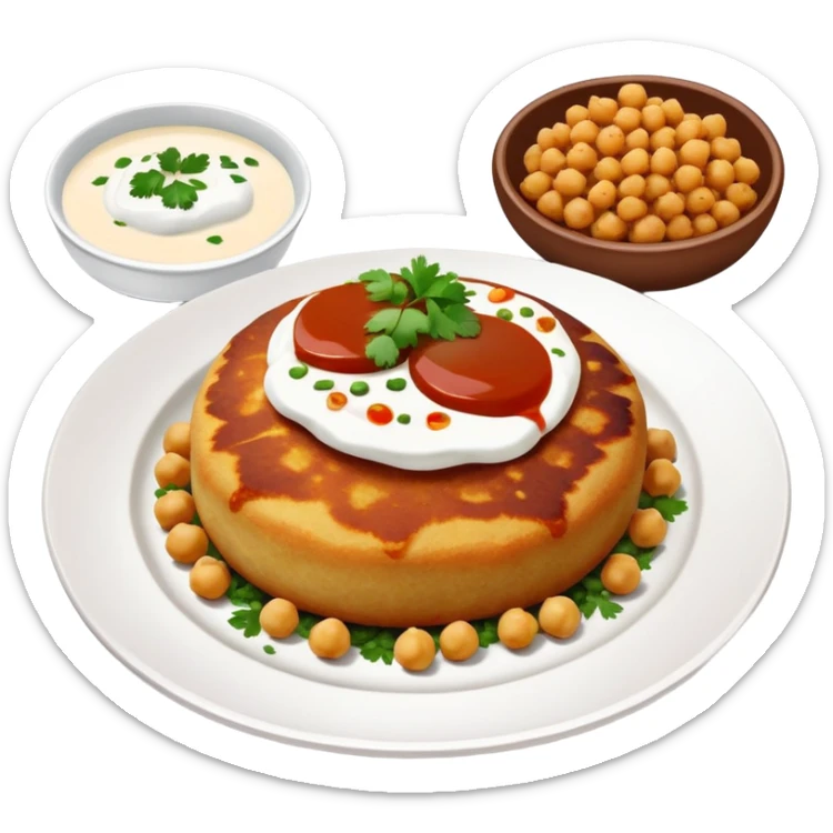 Aloo Tikki Chaat on a small plate with chickpeas, potato patty with yogurt and chutney sticker