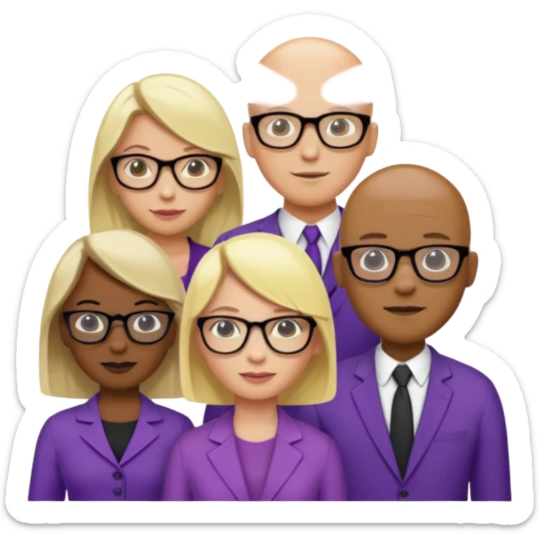 FIVE person team; 2 men and 3 women.  All dressed in yellow or purple.  Women have blonde and ash blonde hair.  1 man is black and bald, 1 man is caucasian and very little hair left.  All have glasses sticker