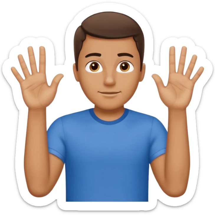 A guy with one of his arm is and the other down with 6 on his left hand and 7 on his right hand sticker