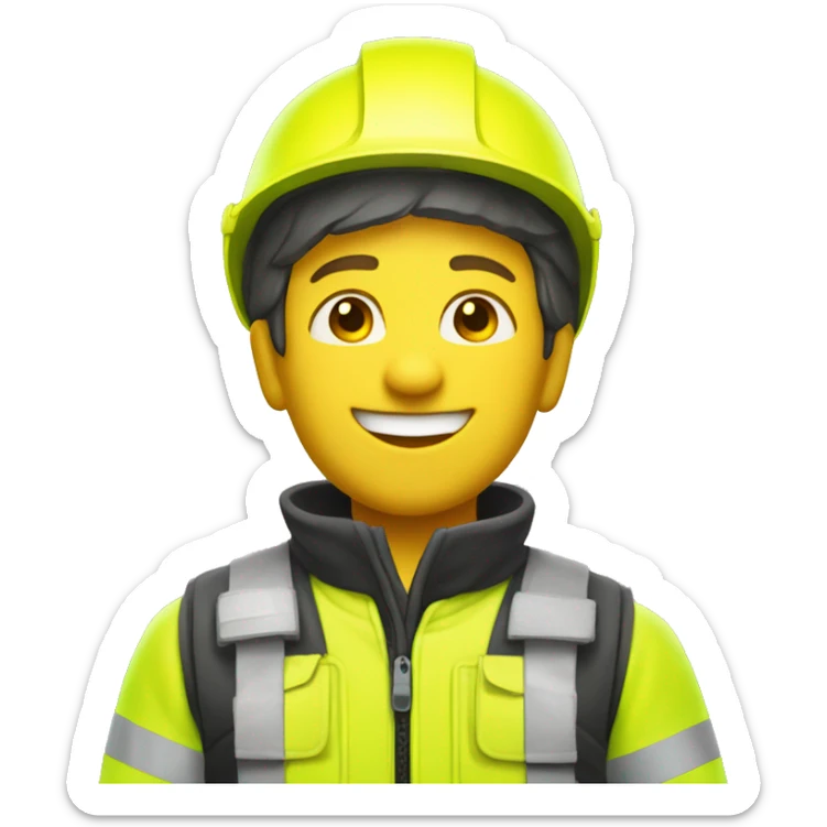 a male rescuer with a fluorescent yellow outfit and a fluorescent yellow helmet smiling sticker