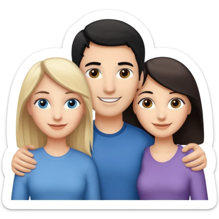 3 people. Throuple. Blank woman with blond hair and blue eye color on left. And also a blank man with black hair and grey eye color in the middle. And a blank woman with brown hair and grey eye color on the right. Holding each other sticker