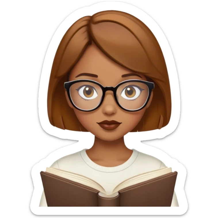 A caramel skin tone girl with short honey brown hair, over sized glasses brown lipgloss reading a book sticker