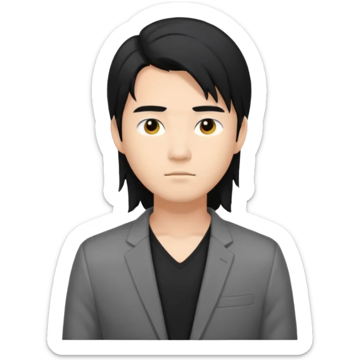 asian young man with long black hair on the forehead in grey blazer and black t-shirt  sticker