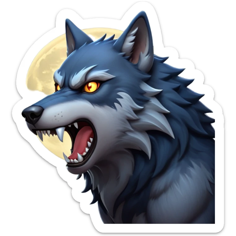 cinematic-noble-fierce-werewolf-howling-portrait-emoji, poised-and-imposing, with a fierce wolfish face tilted upwards in a haunting howl, glowing eyes full of primal ferocity, sharp, and a rugged snout, fur rippling in shades of midnight black and silver, muscles tensed as the powerful howl echoes beneath the moonlit sky; rendered with realism, capturing the raw, untamed power of the beast in its wild, primal state sticker