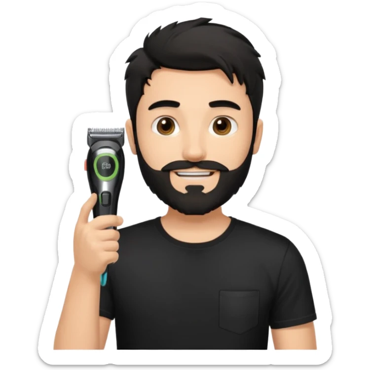 young handsome fair-skinned man with messy black hair and beard, smiling, wearing a black t-shirt, holding a single face beard trimmer in one hand, trimmer true to real size sticker