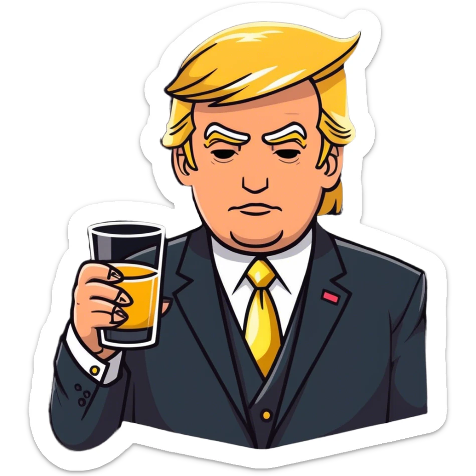 Trump in a suit, but with veneers, chains, and tattoos on his face. He is holding a glass in his hands. sticker
