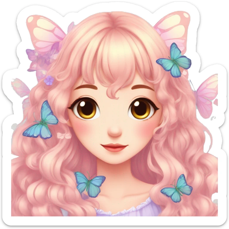 Cute kawaii gorgeous pretty anime cartoon pastel lady with butterflies and beautiful hair fairycore cottagecore detailed high quality trending aesthetic sticker