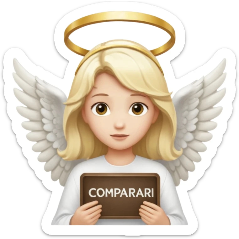 "An angel emoji with blonde hair, a halo, wings, holding a 'COMPARTILHAR' sign in bold letters." sticker