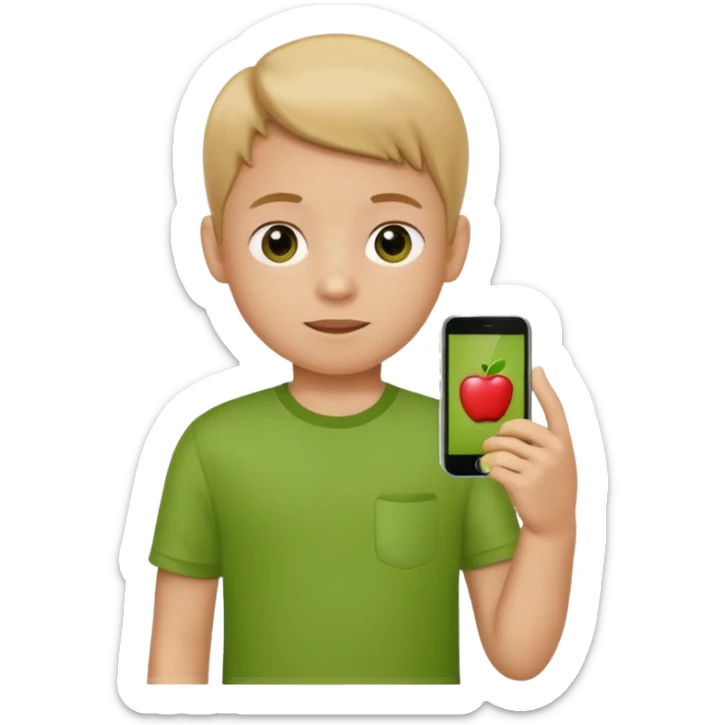 A little kid holding a phone, apple style emoji, wearing a green shirt. sticker