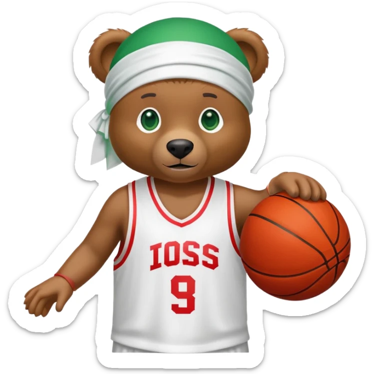 Cool brown bear with green eyes in a white silk durag and red basketball jersey showing just the top shoulders and collar, iOS emoji style sticker